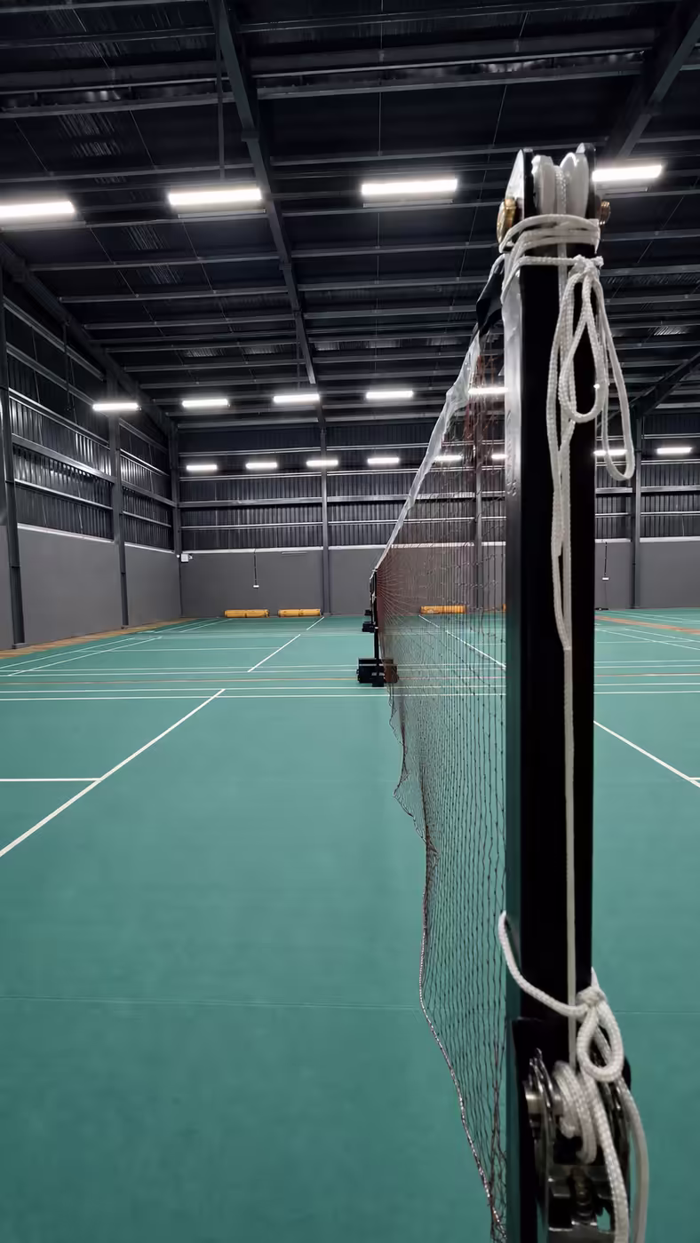 Close-up of a badminton net on court at Game Theory Panathur