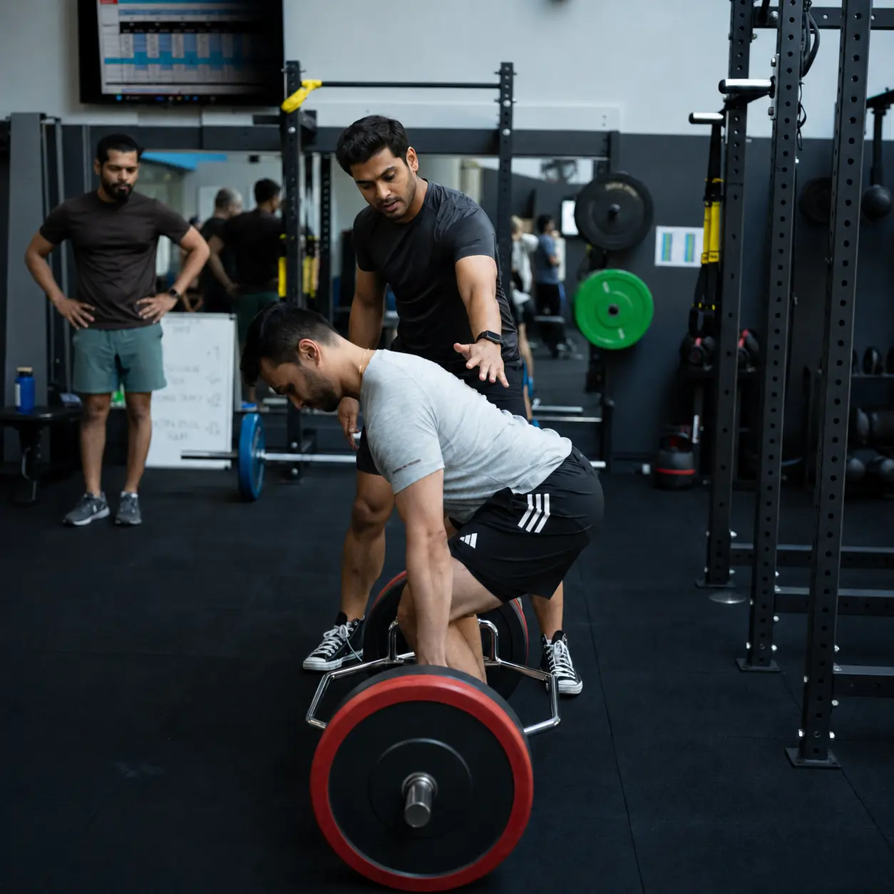 A trainer guiding a member’s workout